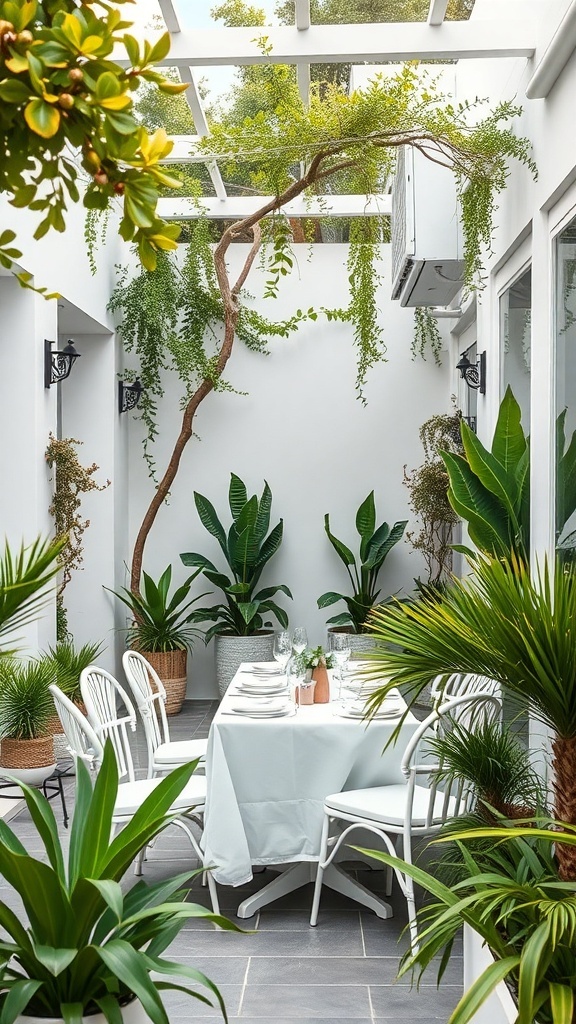 Outdoor dining area with white table and chairs surrounded by greenery