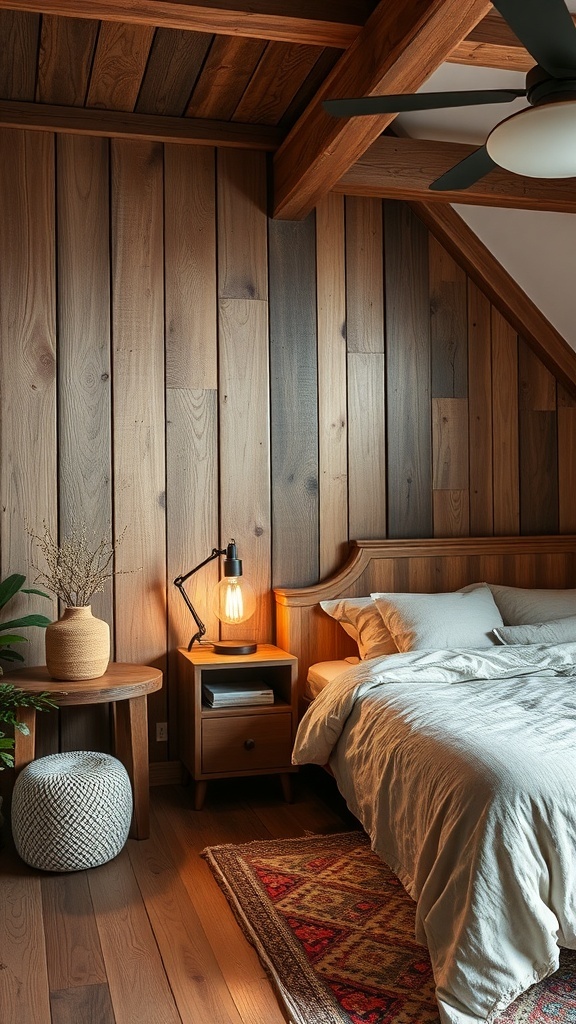 A cozy bedroom featuring wooden walls, a simple bed, and modern decor elements.
