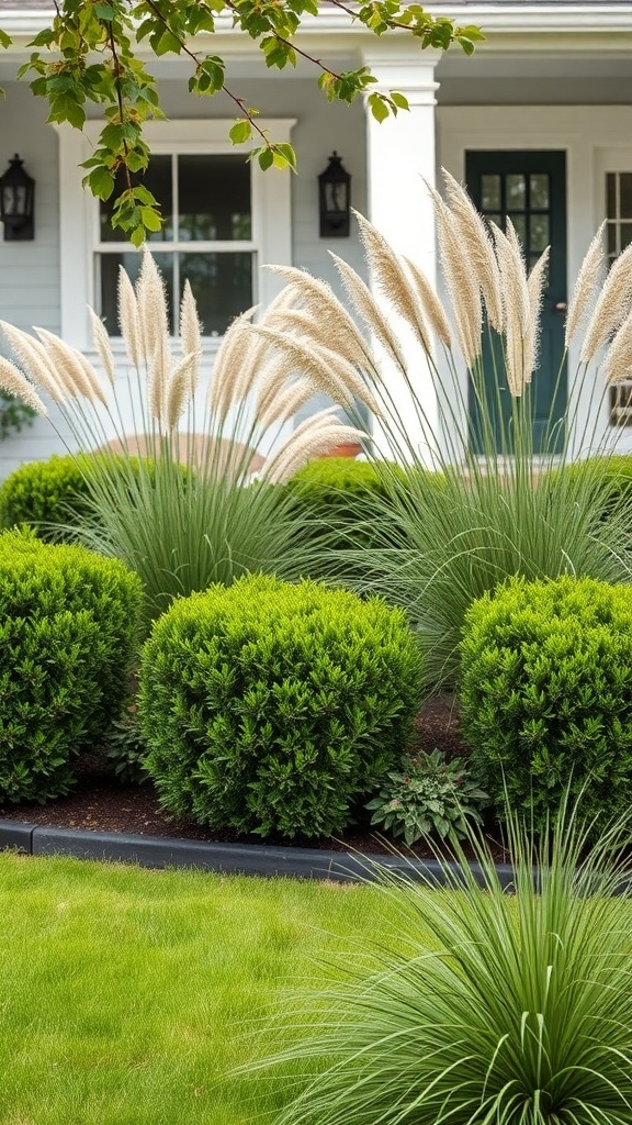 A front yard featuring lush green boxwood shrubs and ornamental grasses with feathery plumes.