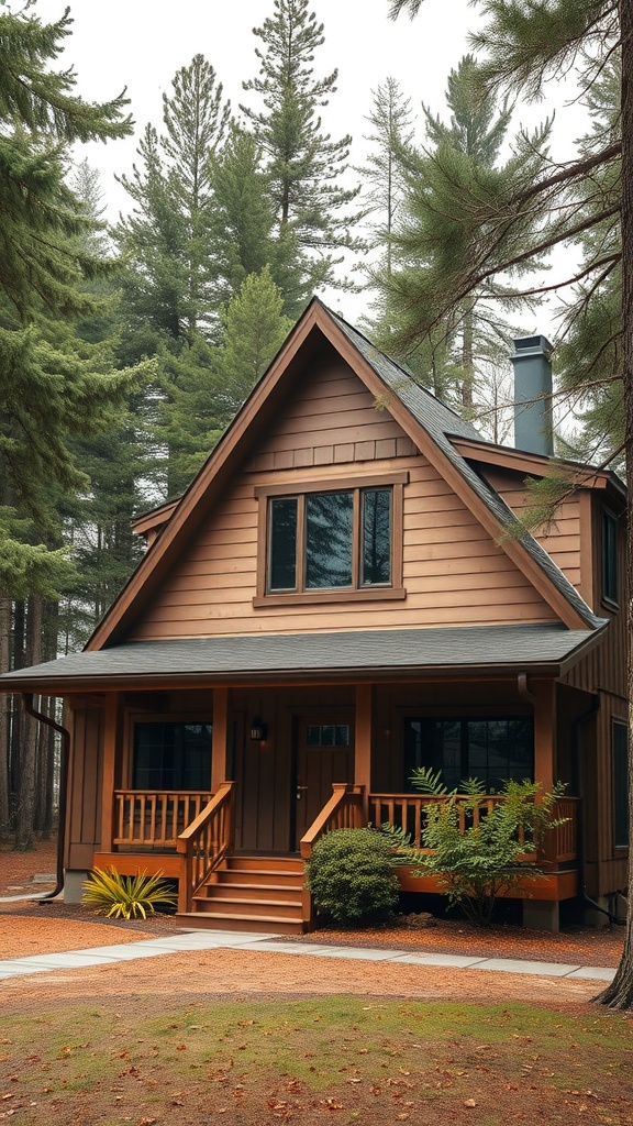 A cozy A-Frame house surrounded by tall trees and greenery.