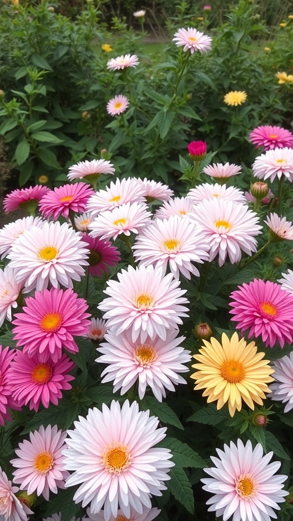 A vibrant display of pink, yellow, and white chrysanthemums in a garden.