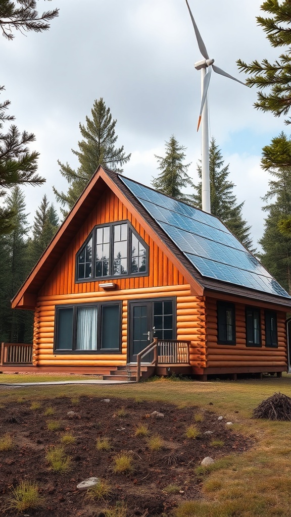 A modern A-Frame house with solar panels and a wind turbine in a forest setting.
