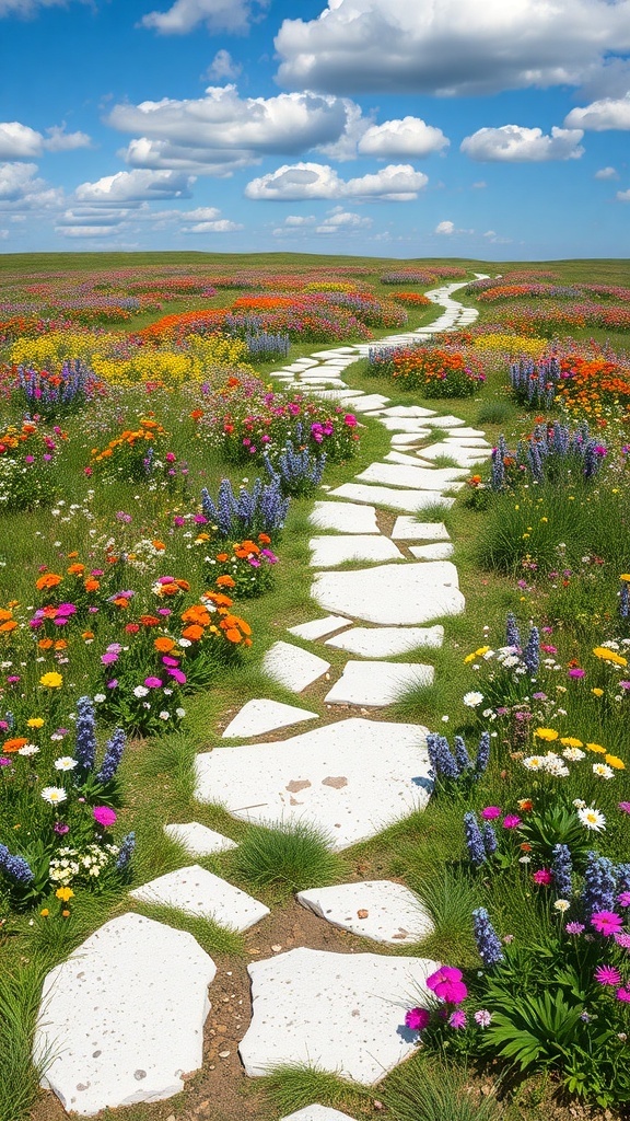 A wildflower meadow with colorful flowers surrounding a white rock pathway.