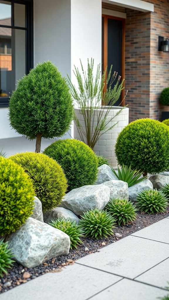 A front yard featuring neatly trimmed boxwood shrubs and decorative rocks.