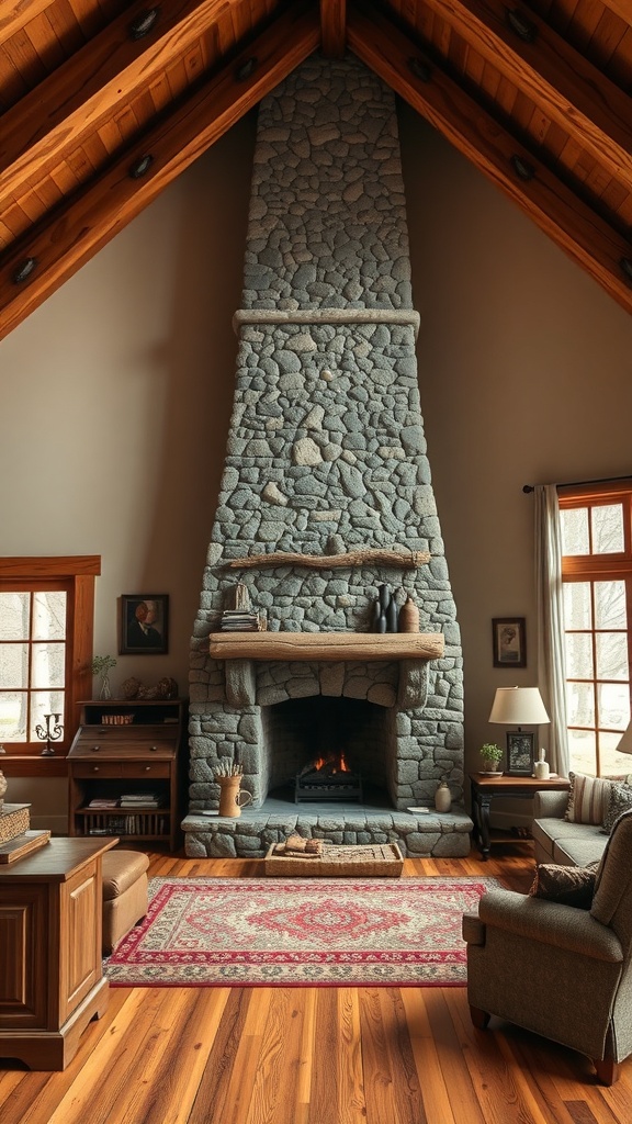 A cozy rustic interior of an A-Frame house featuring a stone fireplace and wooden beams.