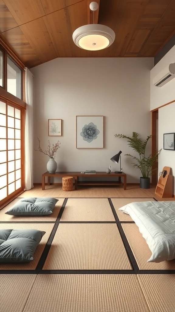 A serene bedroom with tatami flooring, wooden ceiling, and minimalist decor.