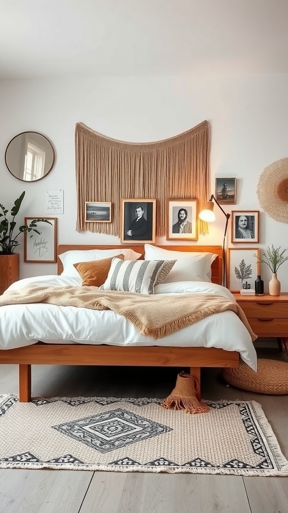 A cozy minimalist boho coastal bedroom featuring a wooden bed, woven tapestry, framed art, and a potted plant.