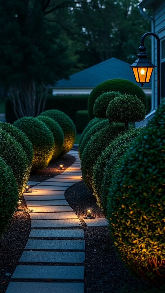 A beautifully lit pathway lined with boxwood shrubs, featuring smooth stones and warm pathway lights.