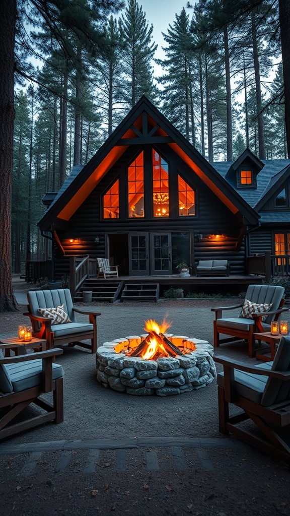 A cozy outdoor fire pit surrounded by chairs in front of an A-Frame house, set in a forest.