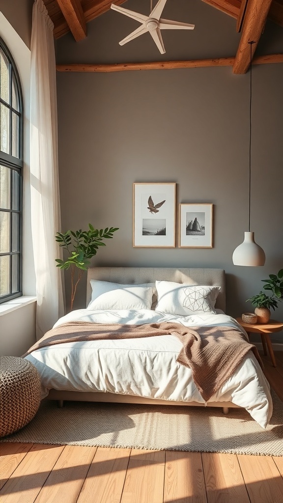 A serene organic modern bedroom with a large window, wooden beams, and natural decor.