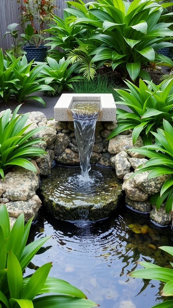 A tranquil water feature surrounded by lush green plants in a garden.