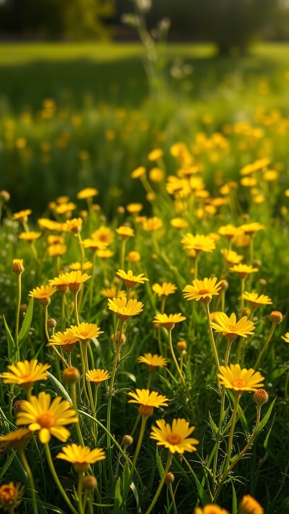 A field of bright yellow buttercup flowers blooming in a green landscape