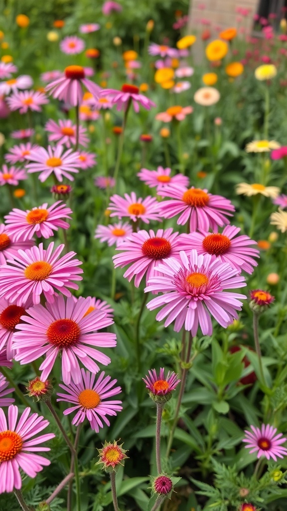 A vibrant garden filled with pink asters and other colorful flowers.