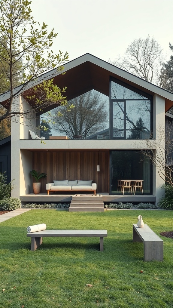 Modern house in the woods with large glass windows and minimalist outdoor furniture.