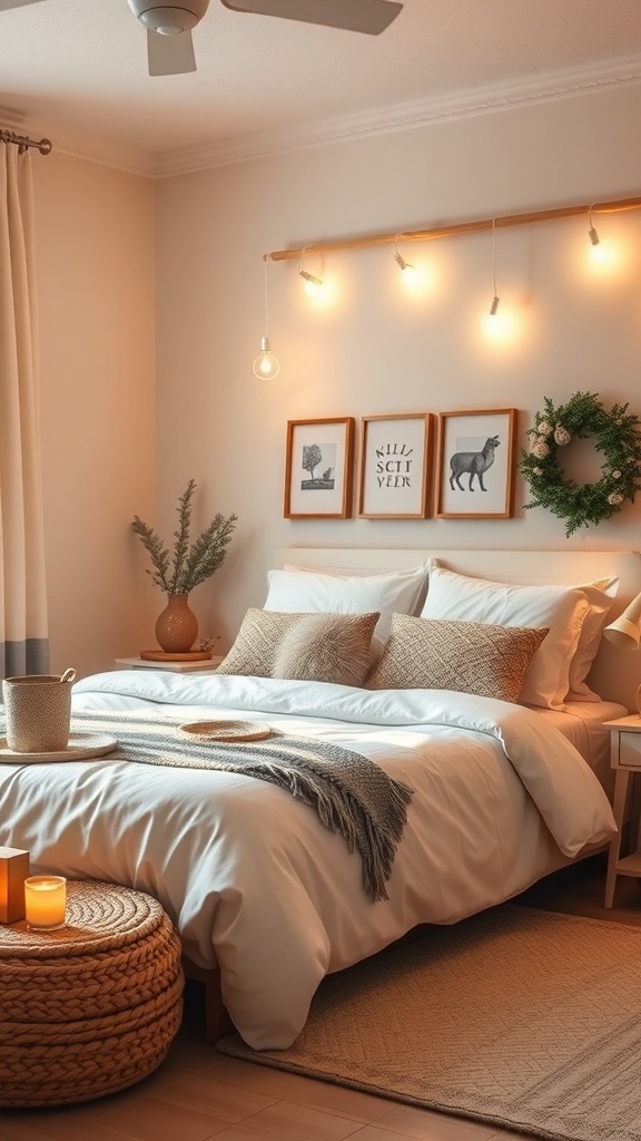 A cozy modern bedroom with soft lighting, neutral colors, and natural decor elements.