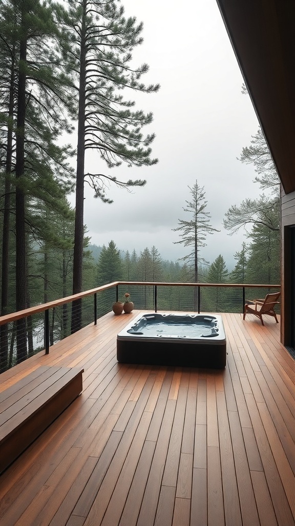 A modern house deck with a hot tub surrounded by trees.