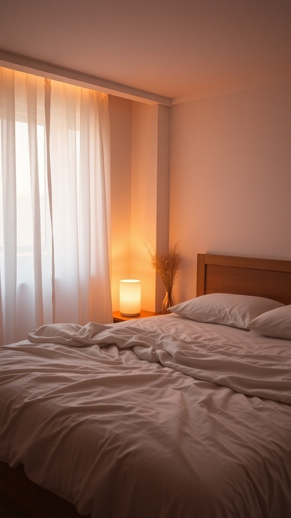 A cozy modern bedroom with soft lighting from a lamp and natural light filtering through sheer curtains.