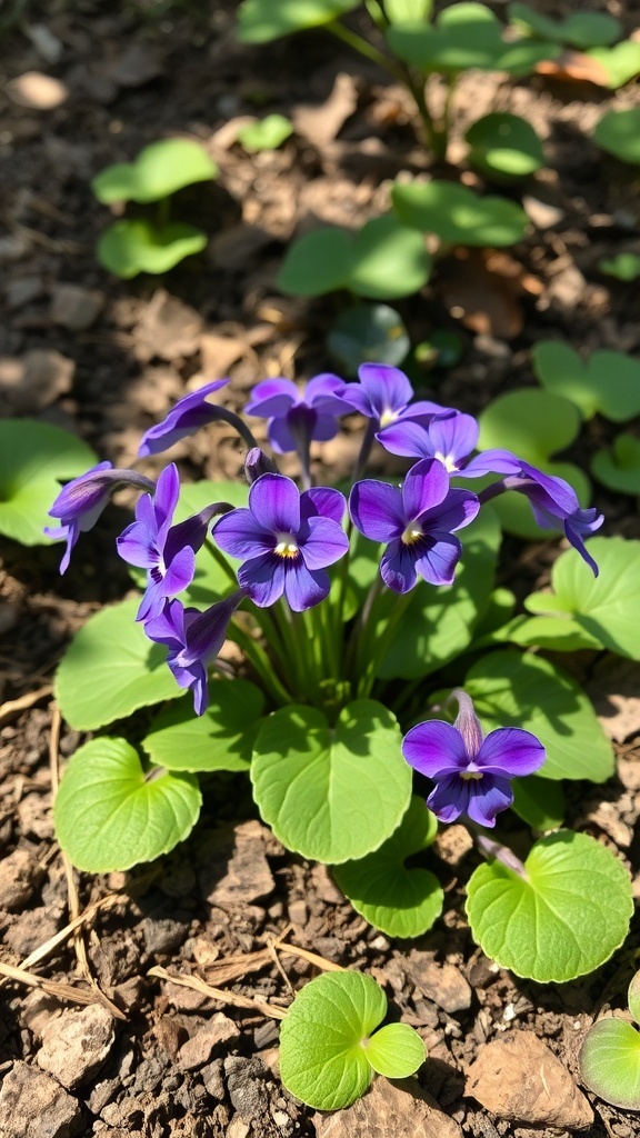 A cluster of violet flowers with green leaves in a garden setting.