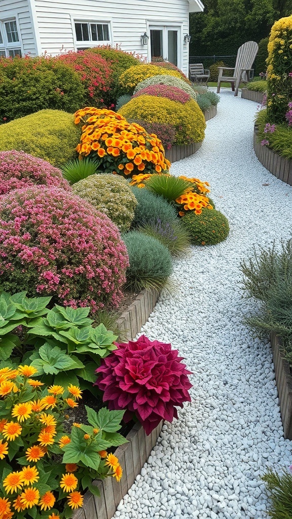 A coastal garden featuring white gravel paths surrounded by colorful flowers and lush greenery.