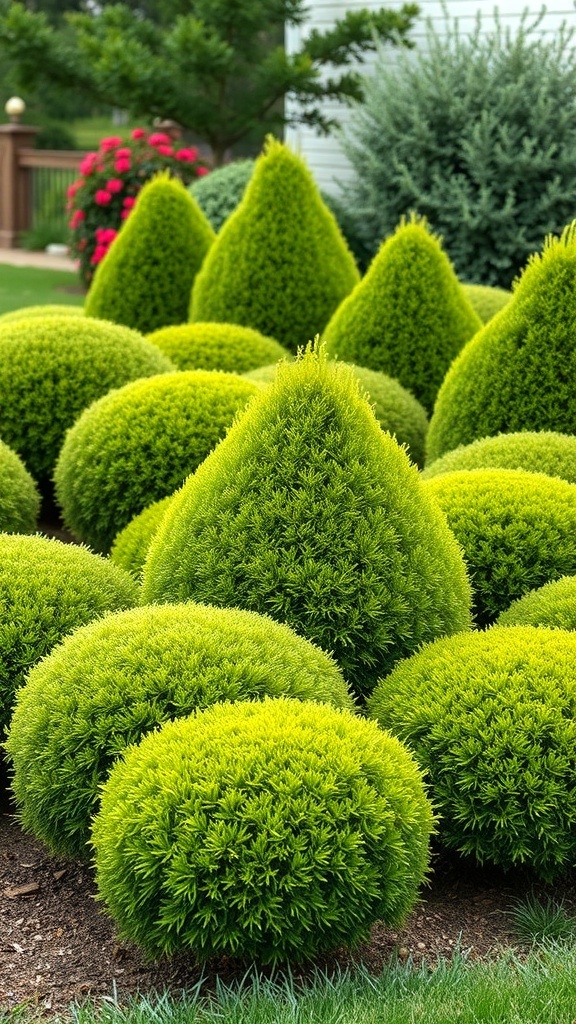 Layered boxwood planting with a mix of rounded and pointed shapes in vibrant green.