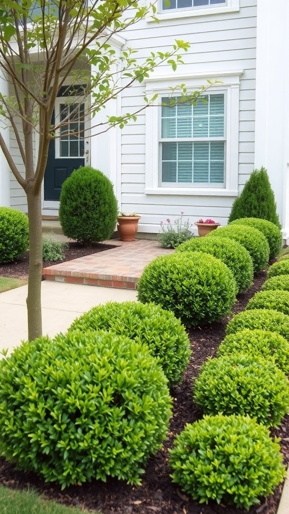 A front yard with rounded boxwood shrubs lining a walkway.