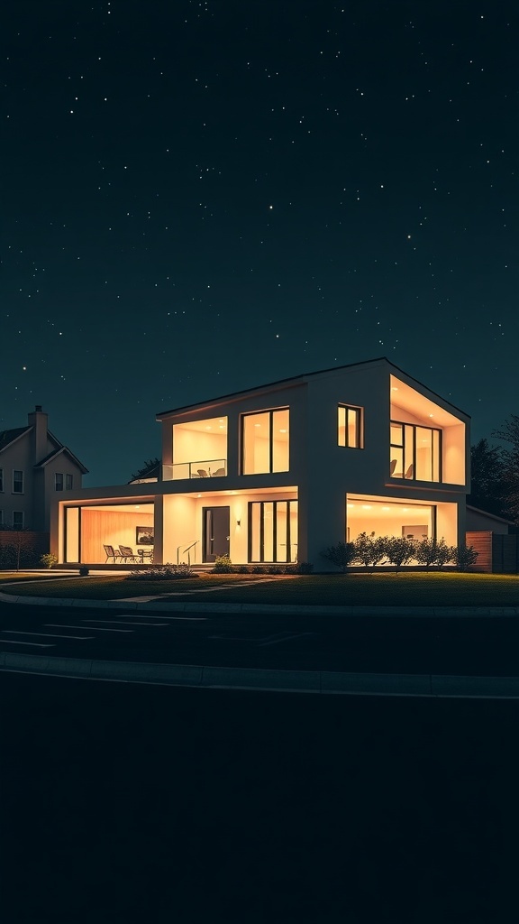 A modern house illuminated at night, showcasing large glass windows and a starry sky.