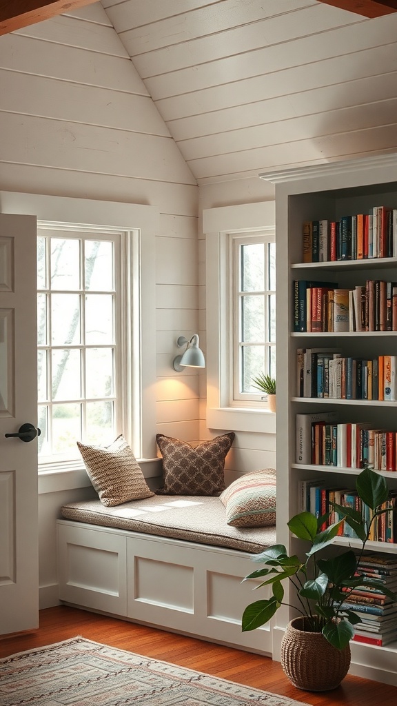 Cozy reading nook in an A-Frame house with a window seat and bookshelves.