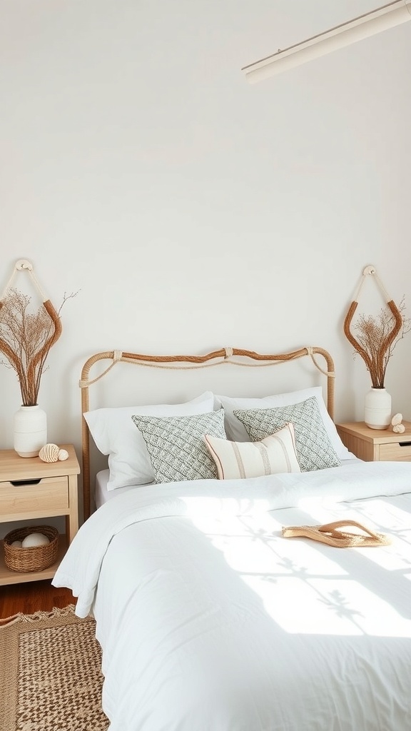 A minimalist boho coastal bedroom featuring a woven headboard, textured pillows, and natural decor.