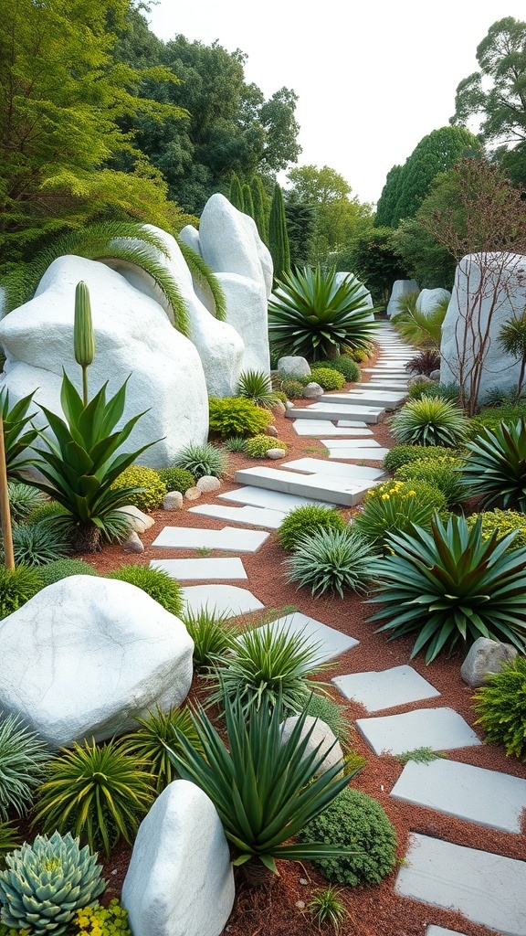A botanical garden featuring white rocks and a stone pathway surrounded by lush greenery and succulents.