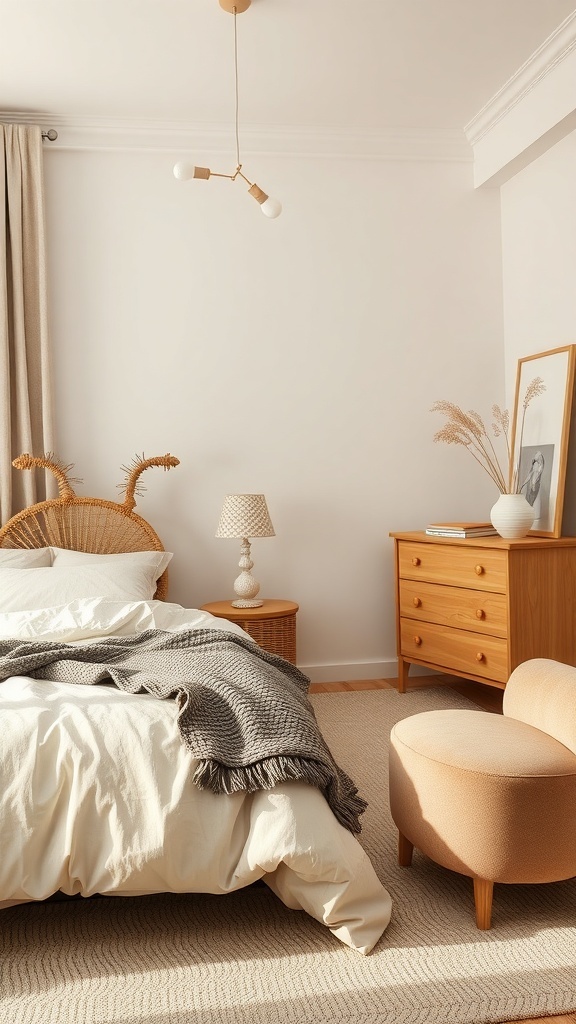A serene modern bedroom featuring gentle curves in the furniture and decor.