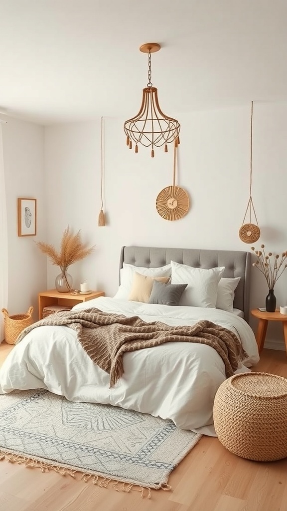 A serene minimalist boho coastal bedroom with a cozy bed, natural decor, and warm lighting.