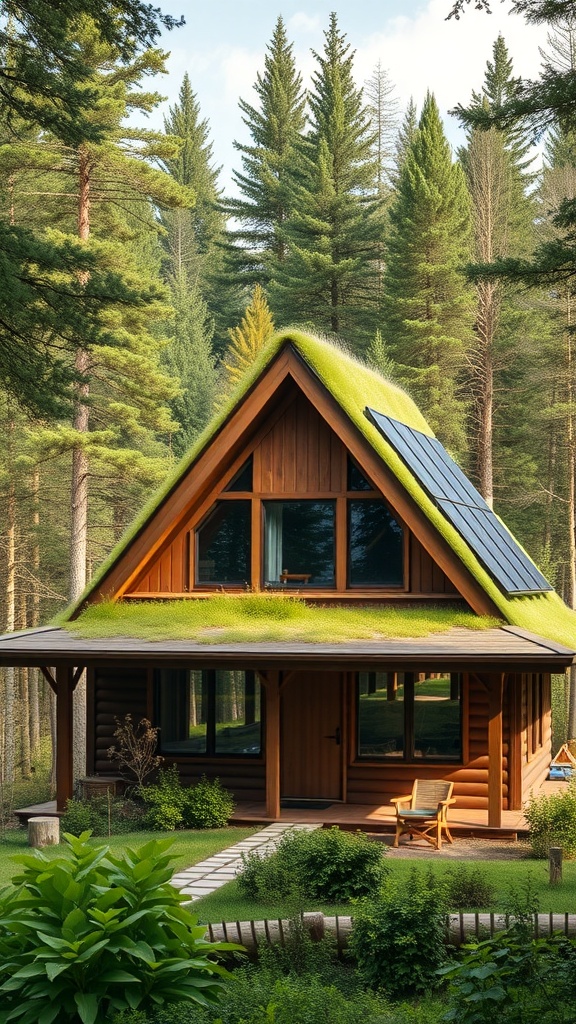 A sustainable A-Frame house with a green roof surrounded by trees.