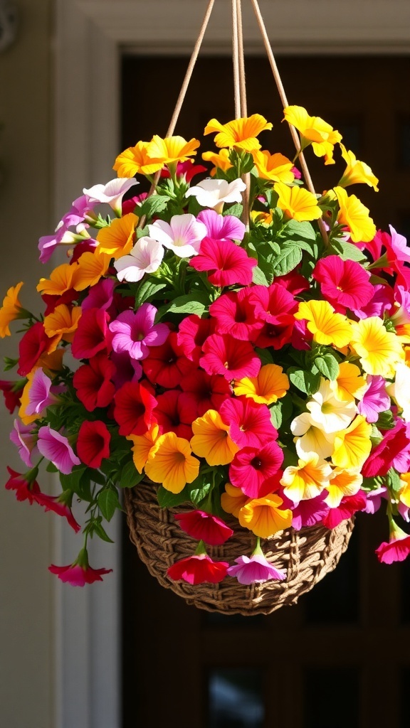 A hanging basket filled with colorful petunias in red, pink, purple, yellow, and white.