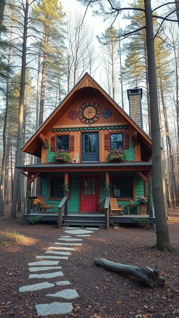 A colorful cabin in the woods with a stone pathway and wooden seating.