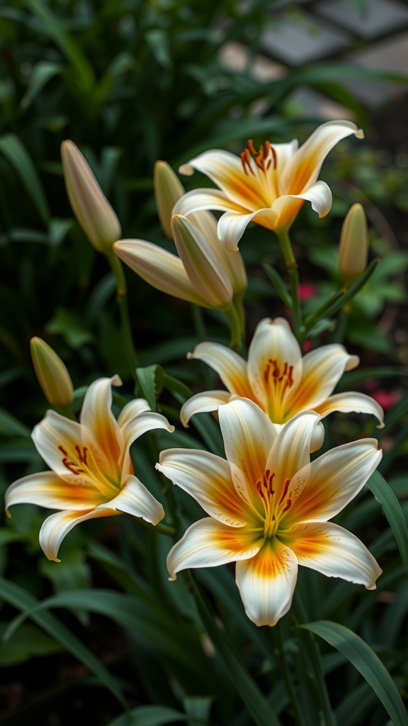 Beautiful lilies with creamy petals and orange accents in a garden