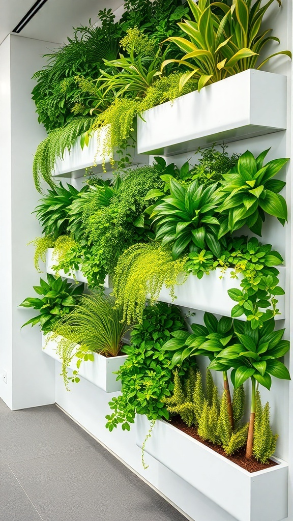 Vertical garden featuring lush green plants in white planters on a wall.