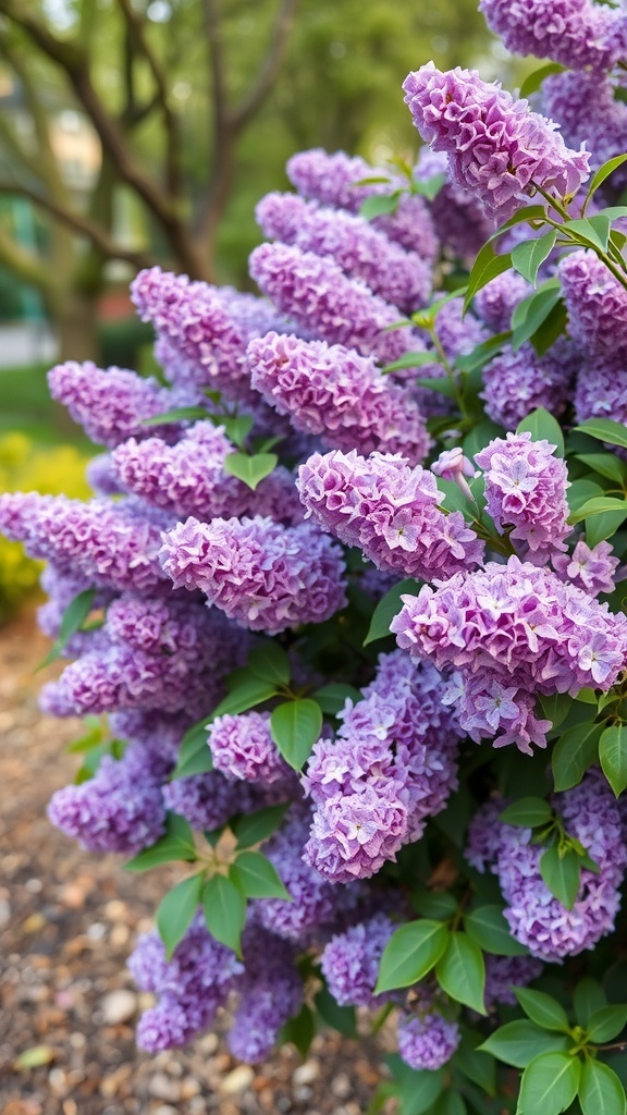 A close-up of blooming lilac flowers in a garden setting.