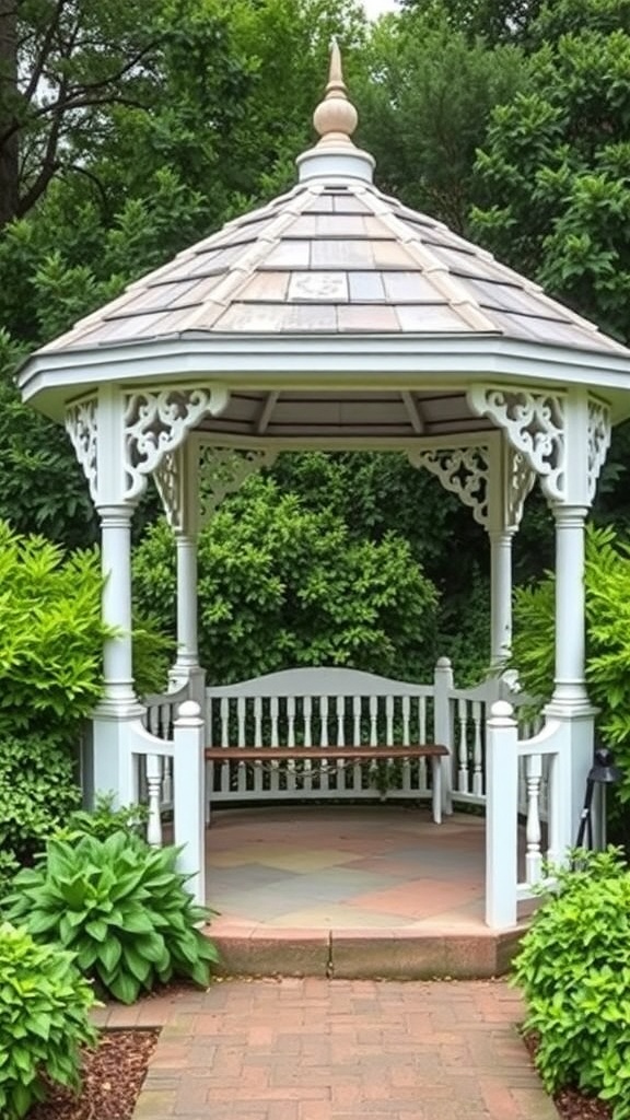 A white gazebo surrounded by lush green plants in a garden