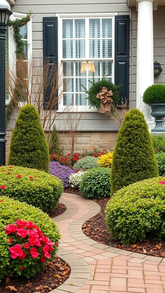A beautifully landscaped front yard featuring boxwood plants and colorful flowers, with a winding path leading to the house.