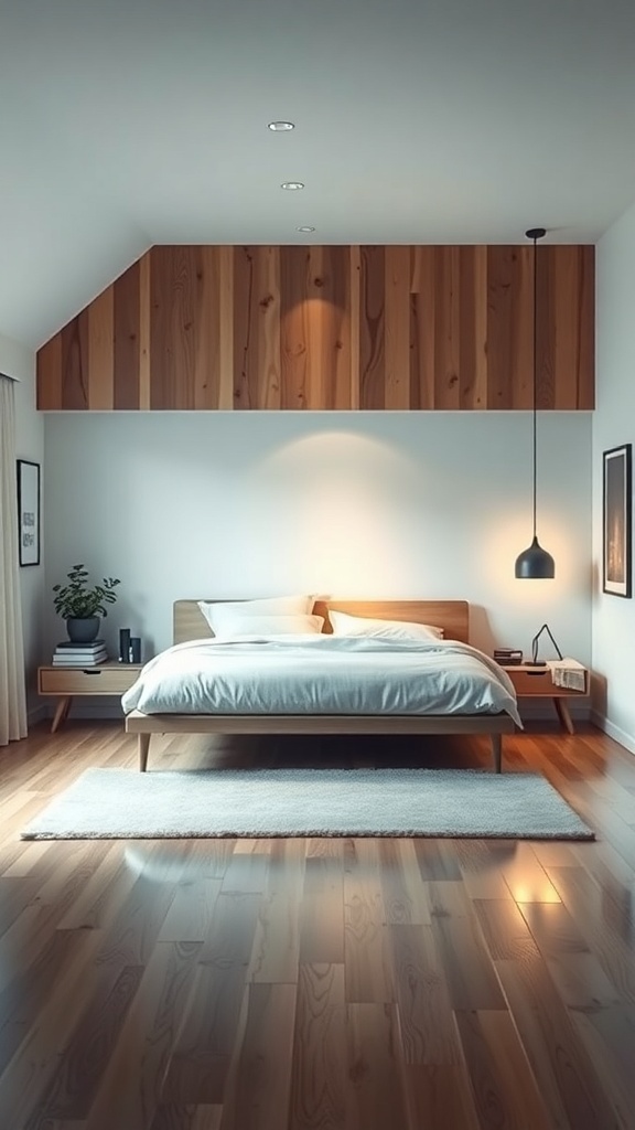 A modern bedroom featuring a floating bed design with wooden accents and soft bedding.