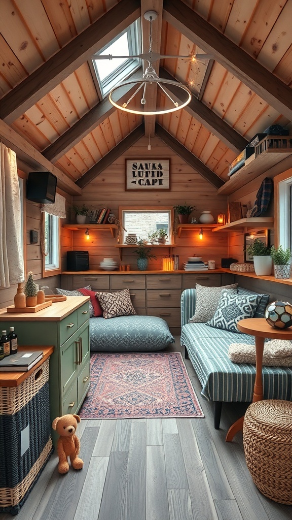 Interior of a cozy A-Frame house with wooden walls, a rug, and comfortable seating.