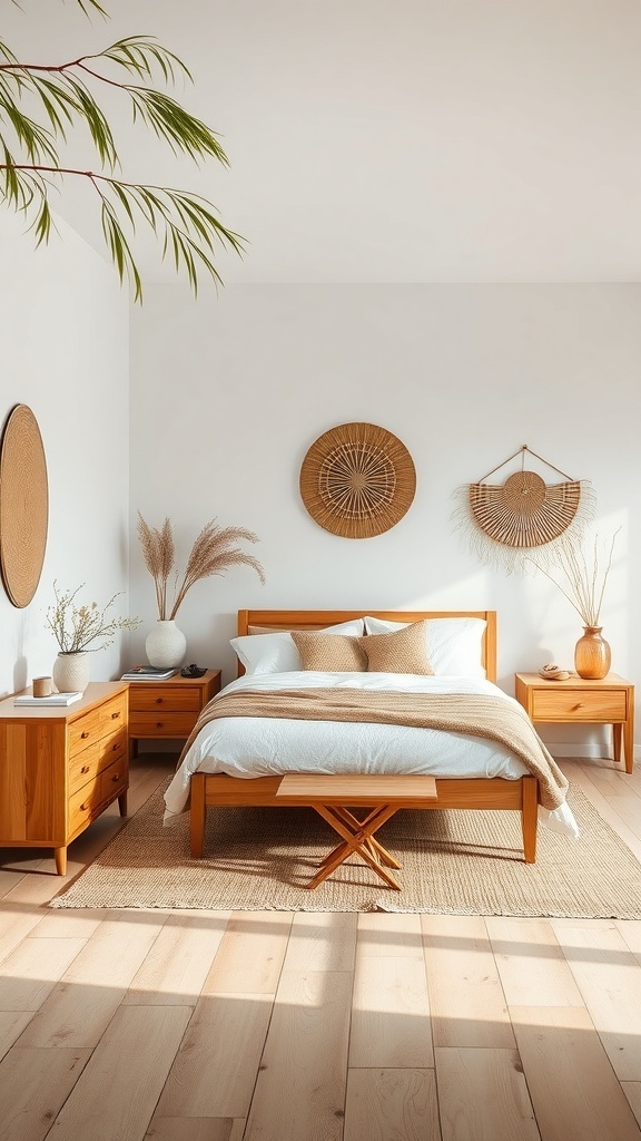 A minimalist boho coastal bedroom featuring wooden furniture, soft textiles, and natural decor elements.