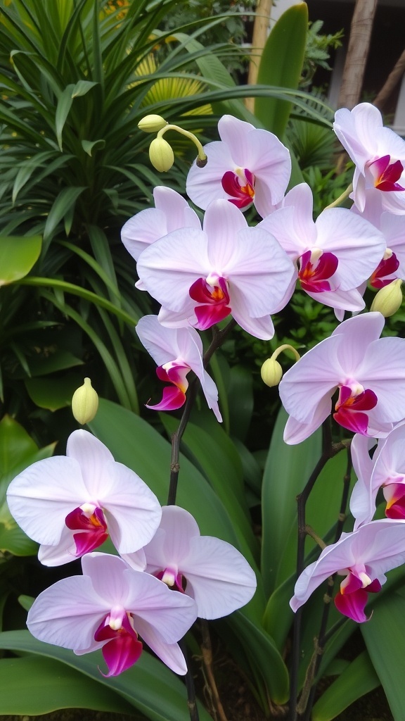 A close-up of vibrant pink orchids surrounded by green leaves.