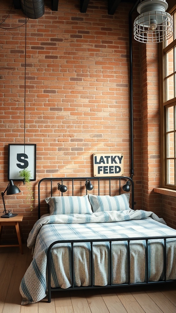 A cozy industrial chic bedroom featuring exposed brick walls, a black metal bed frame, and large windows.