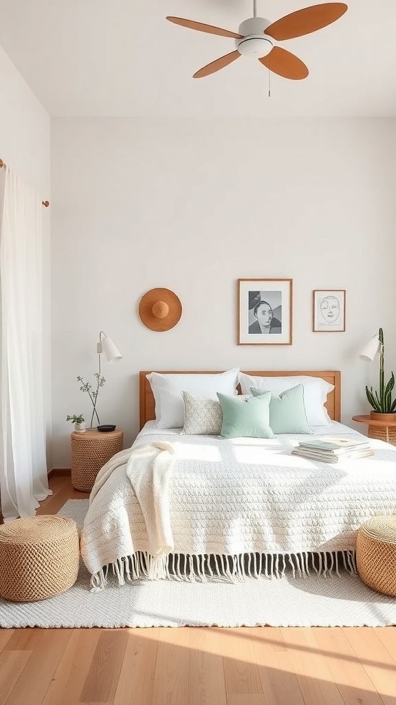 A minimalist boho coastal bedroom featuring a bed with soft pillows, wooden furniture, and natural decor.