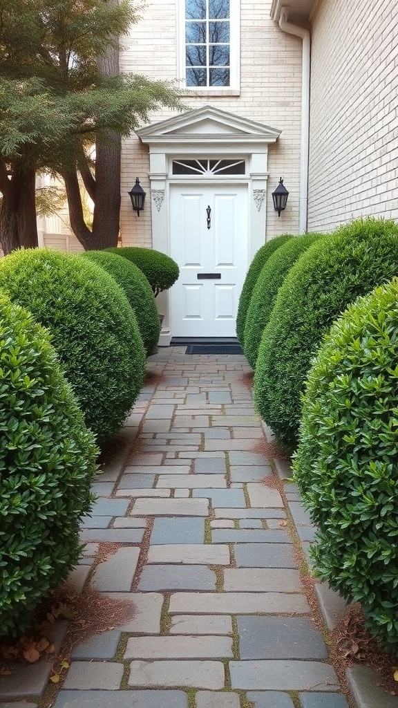 A stone pathway lined with trimmed boxwood shrubs leading to a white front door