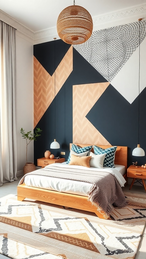 A modern geometric bedroom featuring bold artwork, sleek furniture, and a warm color palette.