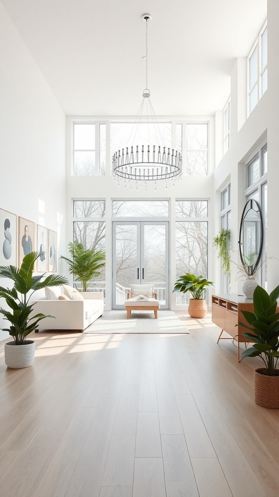 A light and airy living room with large windows, plants, and minimalist furniture.