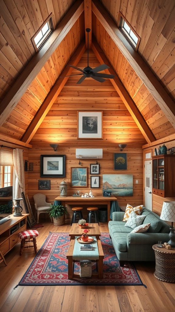 Cozy A-Frame interior with wooden walls, comfortable furniture, and artistic decor.