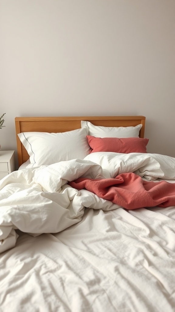 A cozy bed with layered white bedding and a coral throw pillow.